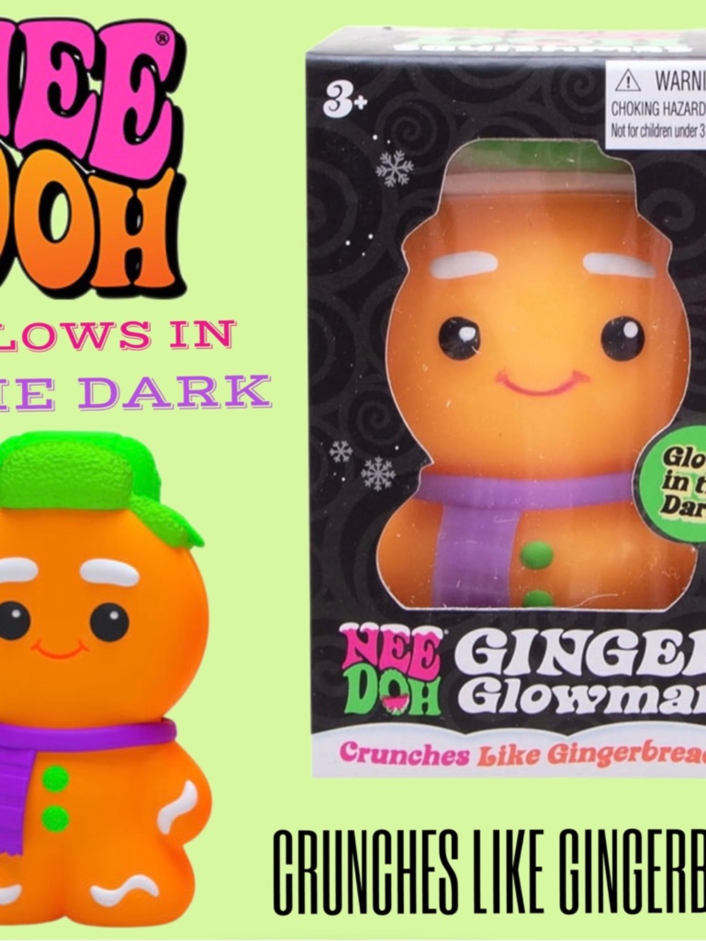 NIB NeeDoh Ginger Glowman Gingerbread - Glows In Dark - RARE Nee Doh Squishy